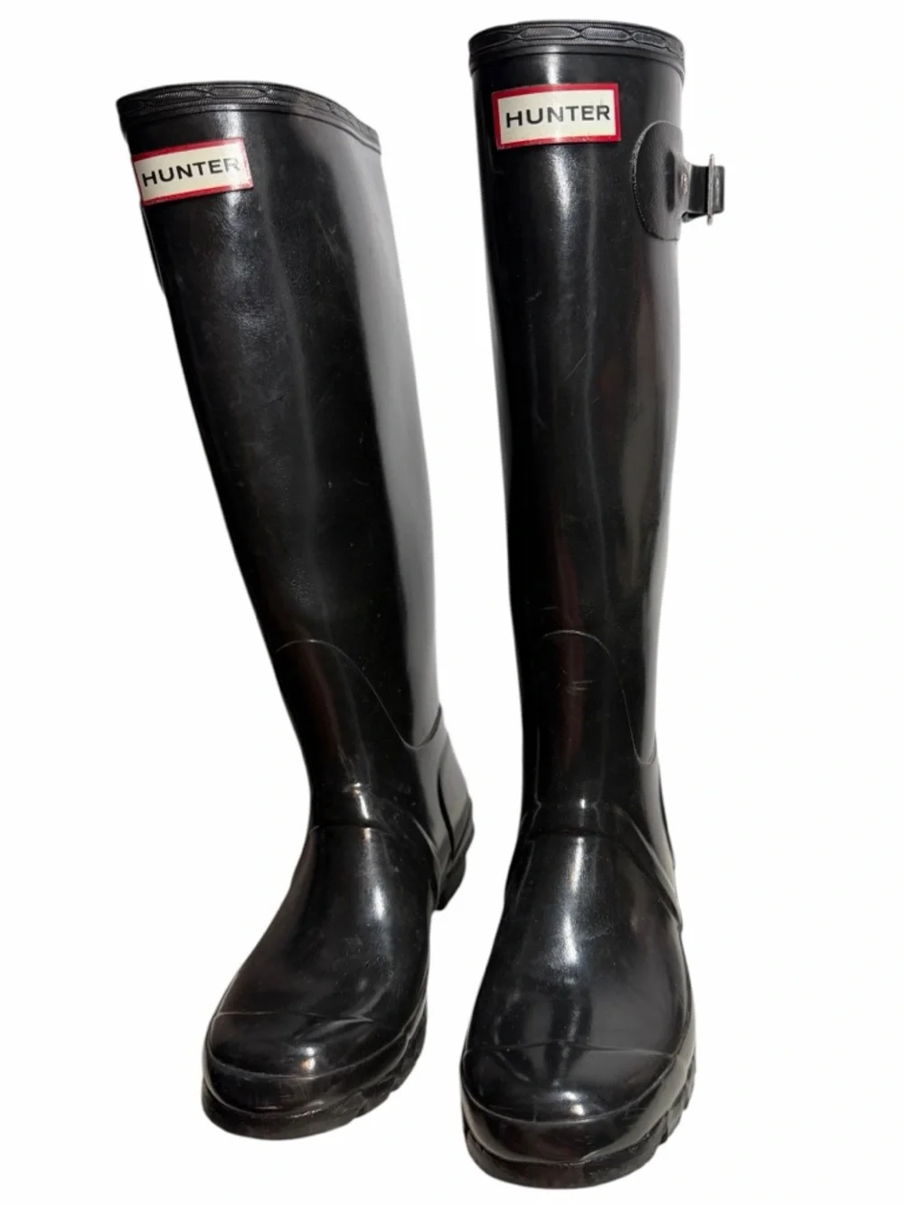 Hunter Gloss Black Knee-High Rain Boots with Side Buckle - Women’s Size 6